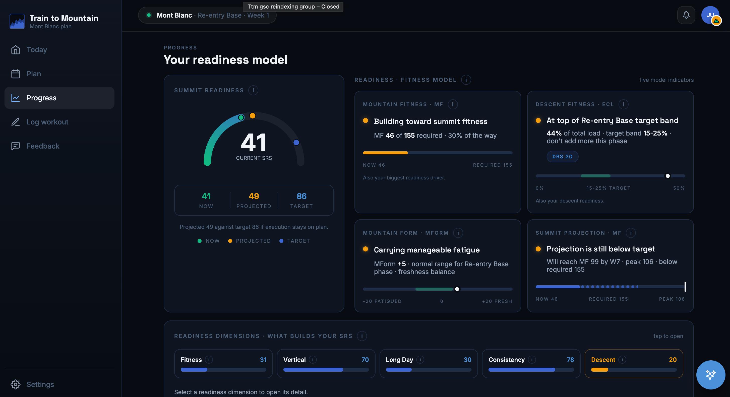 Train to Mountain web app: the Progress screen with Summit Readiness Score, fitness model and readiness dimensions, dark theme