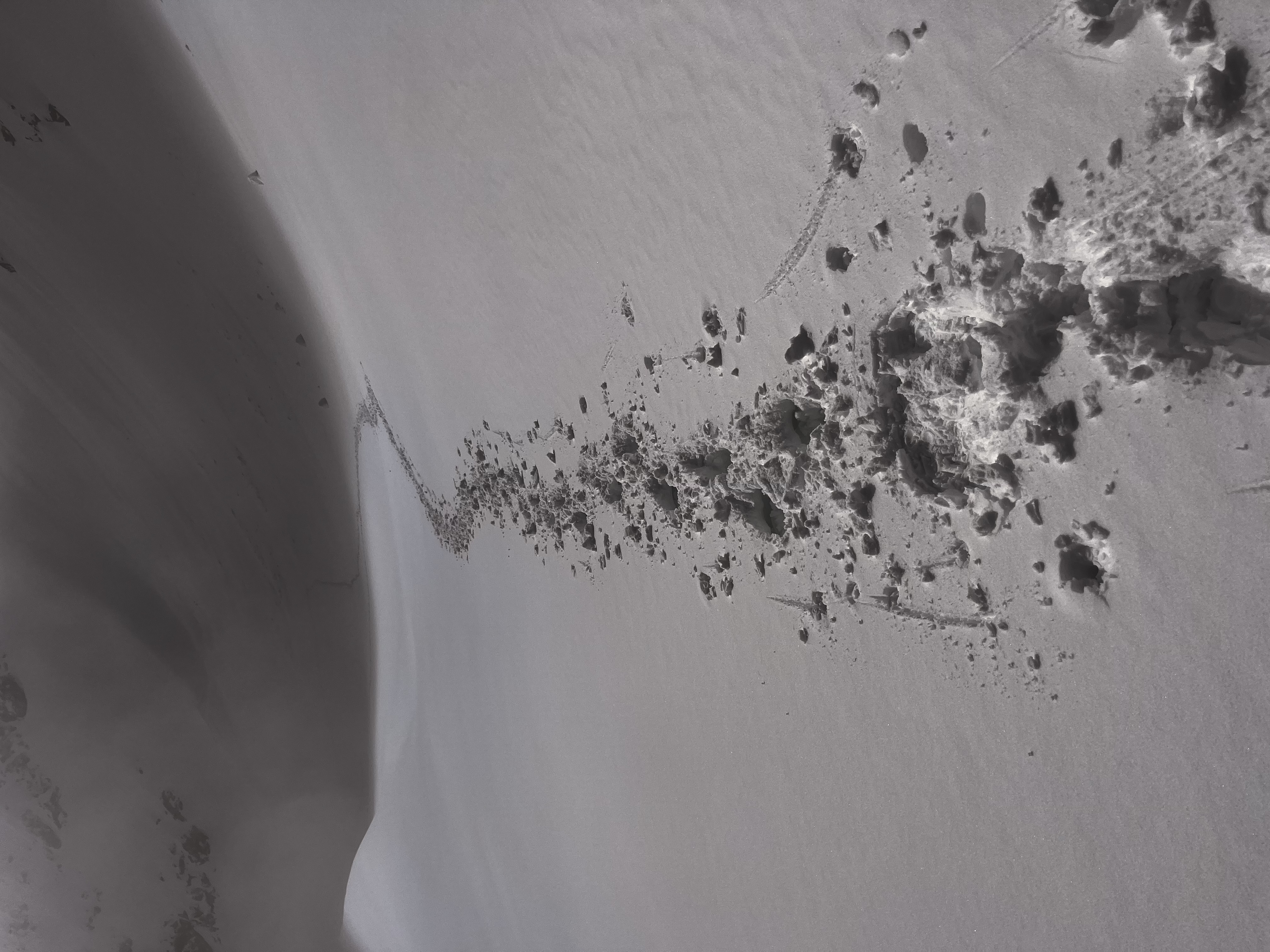 Aerial view of an alpine face - snow and rock debris